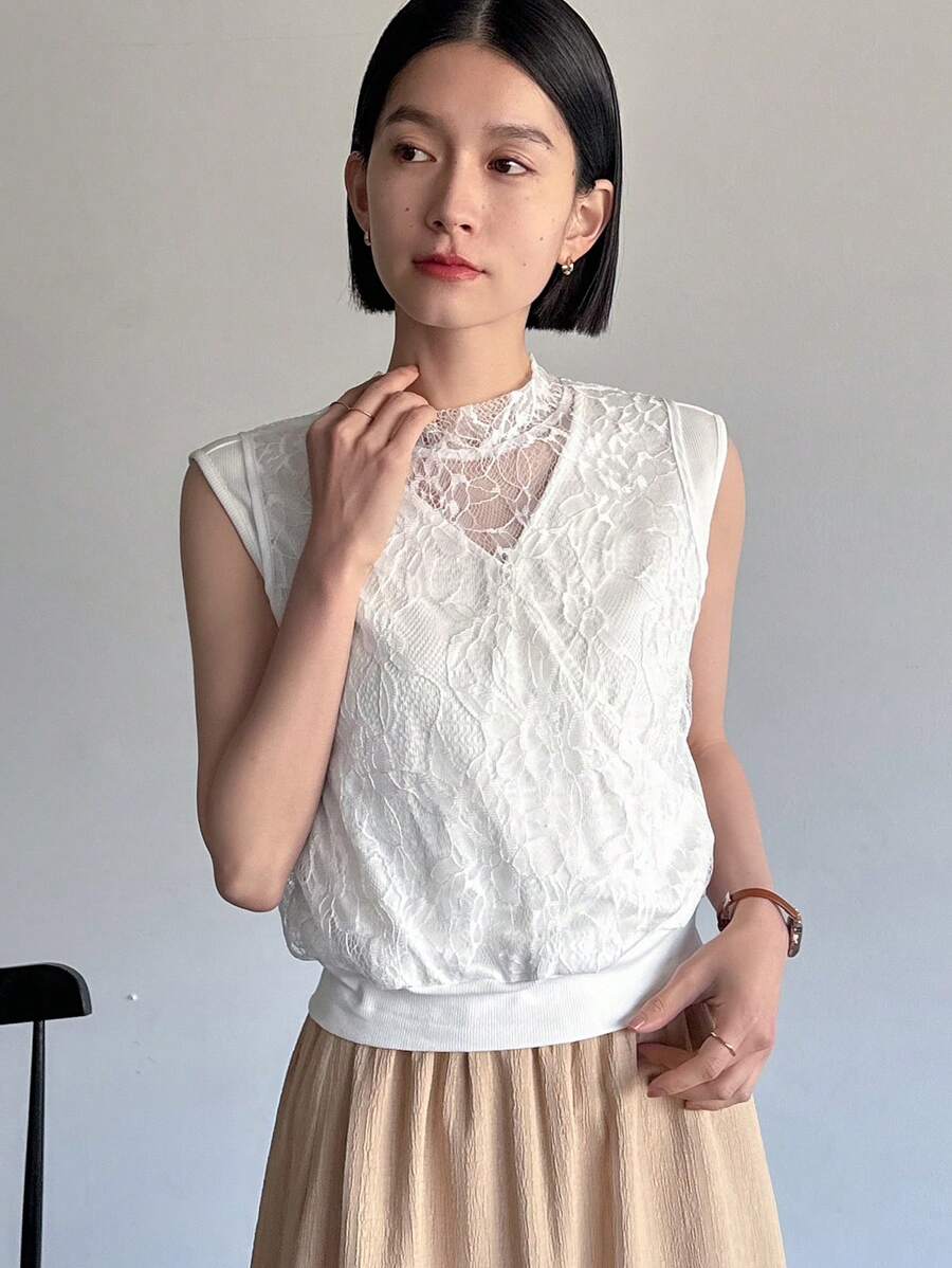 FRIFUL 女士夏季蕾絲拼接二合一背心 - 白色 - 查看 1