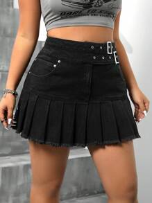 SHEIN ICON Plus Size Fashionable Fringed Denim Skirt, Spring/Summer - Black - View 5