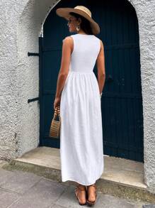 EURMUSE Guipure Lace Notched Neckline Detailed Long Dress - White - View 2