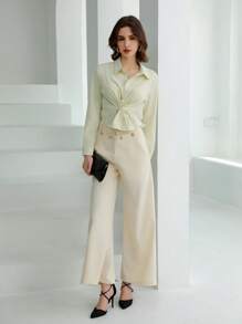 Aveloria Cross Twist Long Sleeve Casual Shirt, Suitable For Spring/Summer Commute - Apricot - View 2