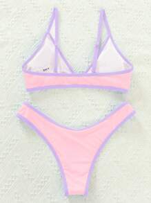 SHEIN Swim Conjunto de bikini con bloques de color, tirantes finos y bordes con volantes, para playa de verano - Rosa - Ver 2