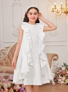 SHEIN Tween Girls' Loose Cute Round Neck Style Ruffled A-Line Dress With Pleated Hem