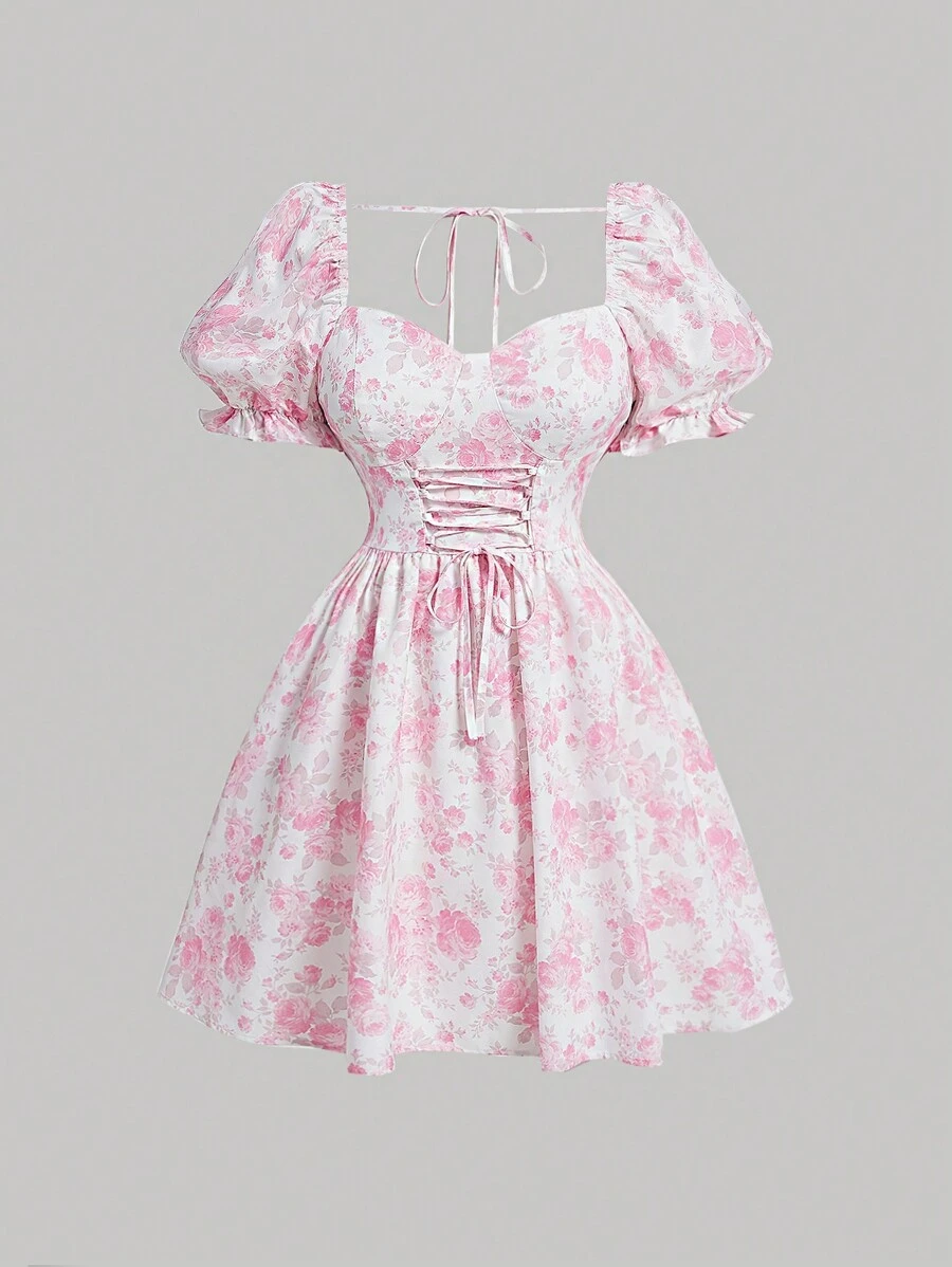 SHEIN MOD Vintage Sweet Puff Sleeve Plus Size Dress - Pink - View 1