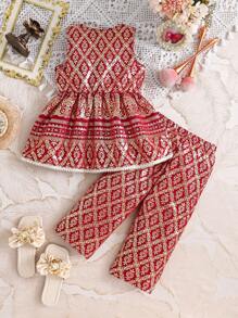 寶寶女孩熱壓印花荷葉邊背心與長褲套裝,夏季 - 酒紅色 - 查看 2