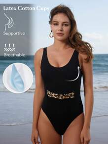 SHEIN Swim 女士一件式豹紋泳衣,適合夏季沙灘 - 黑色 - 查看 5