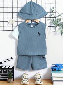 SHEIN 幼兒男孩休閒舒適恐龍圖案拼色短袖上衣配短褲和帽子套裝(二合一設計) - 彩色 - 查看 1