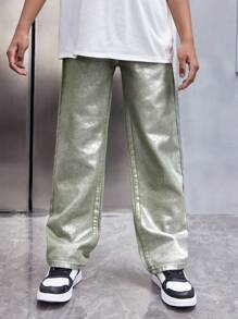 SHEIN Tween Boys' Stylish Personalized Metallic Loose Straight Leg Green Jeans For Spring And Summer - Army Green - View 5