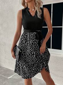 SHEIN LUNE Không tay Cổ chữ V Dây thắt lưng Váy chữ A - màu đen - Xem 5