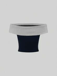 SHEIN Unity Women's Colorblock Slim Fit Knit Off Shoulder Top, Sexy And Versatile, Suitable For Summer - Grey - View 2