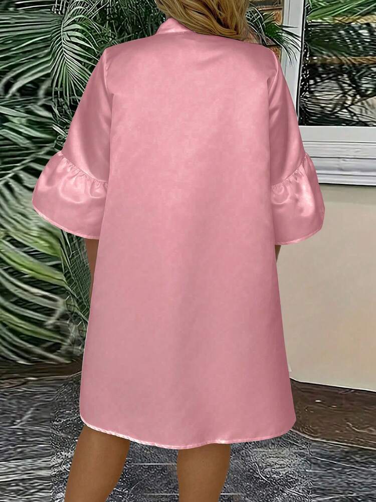 Plus Size Solid Color Stand Collar Ruffle Sleeve Dress