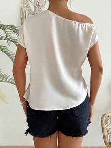 Chiquease 女士實色不對稱領短袖襯衫,夏季完美穿搭 - 杏色 - 查看 2