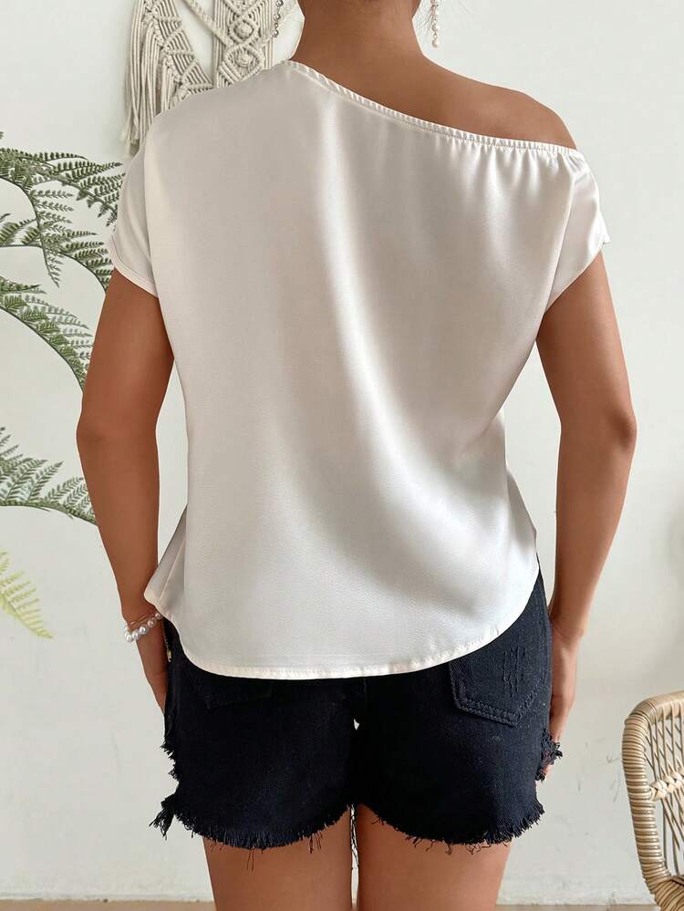 Ladies' Solid Asymmetric Collar Short Sleeve Shirt, Perfect For Summer