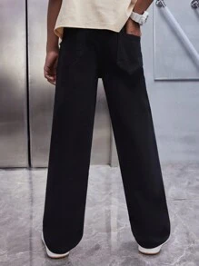 SHEIN Tween Boy Stylish Y2K Loose Straight Leg Black Jeans With Slogan And Face Printed,For Tween Boy Outfits - Black - View 2