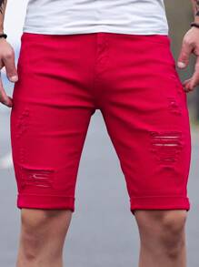 Manfinity Homme Men's Solid Color Ripped Denim Shorts Jorts - Red - View 5