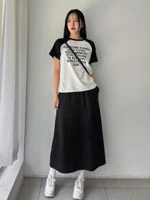 DAZY Của phụ nữ In Khẩu hiệu Tương phản Màu sắc Ngắn tay Áo thun Và Eo đàn hồi Bộ váy Đối với Thông thường hàng ngày - Đen và trắng - Xem 7