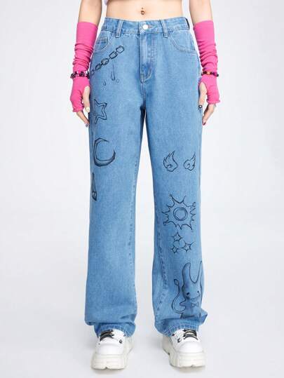 ROMWE Avant Damen Niedliche & Coole Jeans Mit Graffiti-druck
