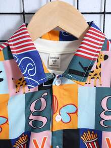 2入組幼兒男童可愛休閒印花領襯衫,帶一個口袋和純色短褲,適合外出、度假、學校、春夏季節穿著 - 藍色 - 查看 3