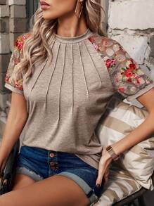 SHEIN Clasi Áo thun tay ngắn lưới họa tiết hoa tương phản cho nữ - Màu Khaki - Xem 1