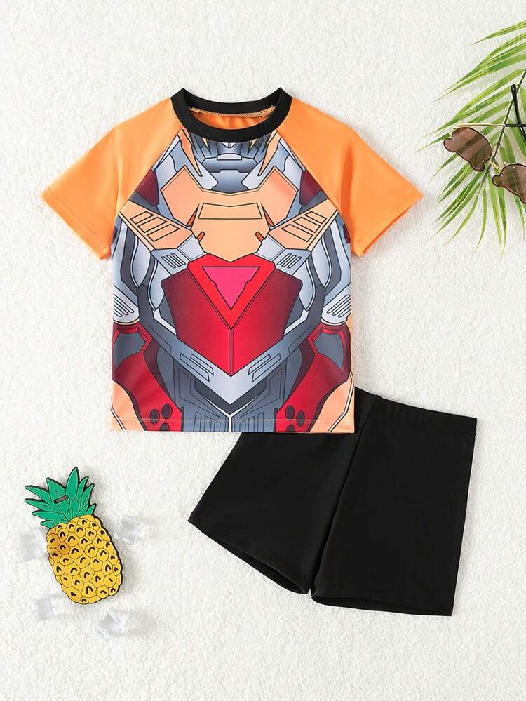 Young Boy Mecha Print Short Sleeve Raglan T-Shirt And Square Leg Swim Trunk, 2pcs/Set Surfing Beachwear For Summer