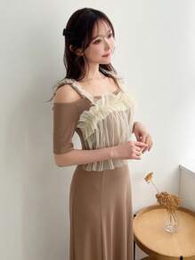 FRIFUL Fall Contrast Mesh Cold Shoulder Midi Dress Sundress,Casual Women Dresses Long Sleeve Dress - Coffee - View 8