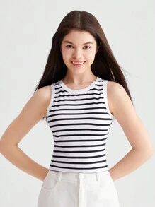 SHEIN Teen Girl Summer Knitted Striped Short Sleeve Round Neck Tank Top - Black and White - View 8