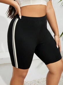 SHEIN Essnce 女士大碼黑色運動騎行打底褲,編織腰帶設計,收腹塑型且多變 - 黑色 - 查看 1