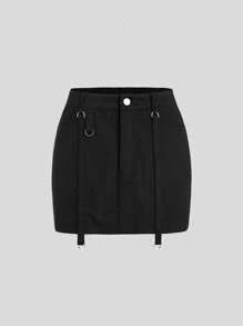 SHEIN Unity Women's Solid Color Asymmetrical Skirt With Ribbon - Black - View 1