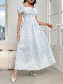 Modelyn Robe longue du soir à taille élastique avec imprimé floral et décolleté en cœur pour femmes - Bleu et Blanc - Voir 5
