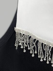 SHEIN Privé 女性夏季圓領黑白超短款背心，鑲有鉆石和流蘇裝飾（2件套裝） - 黑與白 - 查看 4