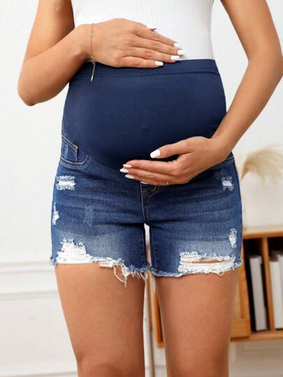 SHEIN Umstandsjeansshorts Mit Distressed-design Für Den Sommer