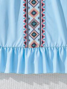 SHEIN Vestido De Tirantes Con Dobladillo De Volante Y Diseño Geométrico Para Niñas Preadolescentes - Celeste - Ver 3