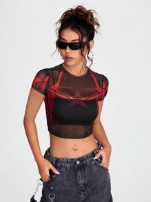 SHEIN EZwear Lá thư Và In Sao Mùa vụ Lưới Áo Không có Ống - màu đen - Xem 6