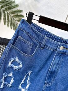 SHEIN Teen Boy Stylish Washed Ripped Loose Straight Leg Blue Jeans,Baggy Pants,For Spring And Summer Outfits