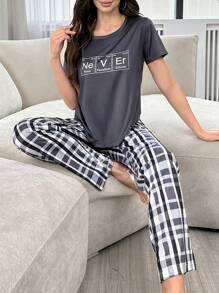 印刷字母t恤與方格印花長褲女士睡衣套裝,適用於夏季 - 彩色 - 查看 6