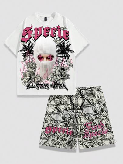Street Life 2 Stücke Herren bedrucktes T-Shirt mit Rundhalsausschnitt und Kurzarm, sowie passende Shorts, geeignet für den täglichen Gebrauch im Sommer, Schule