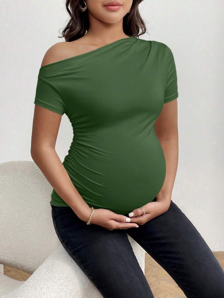 SHEIN Ladies' Solid Color Simple Style Asymmetrical Shoulder Maternity T-Shirt - Army Green - View 1