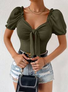 Breezaya 單色心形圓領剪口綁帶前短袖t恤 - 軍綠色 - 查看 3