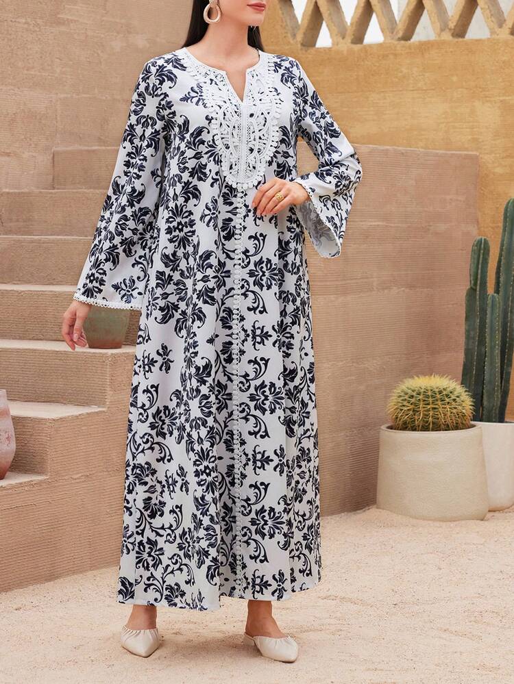 Floral Printed Patchwork Water-Soluble Lace Abaya With Notch Neckline Kaftan Jalabiya Dress