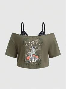 ROMWE Fairycore Áo thun tay ngắn in hình ếch hoạt hình và nấm cỡ lớn 2 trong 1 màu xanh lá cây - xanh quân đội - Xem 1