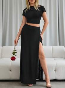 SHEIN Privé Của phụ nữ Màu thuần Vòng cổ Ngắn tay Top Cây trồng Và Tách Váy - màu đen - Xem 1