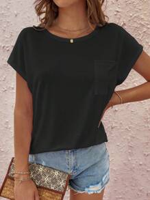 SHEIN LUNE 純色圓領蝙蝠袖休閒夏季t恤 - 黑色 - 查看 4