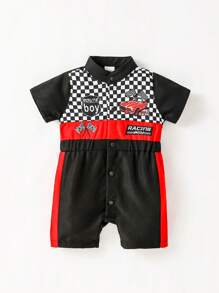 SHEIN 嬰兒男童迷你賽車手刺繡連身衣，立領設計，前拉鍊式，街頭風格，酷炫可愛時尚，適用於春夏季節 - 彩色 - 查看 1