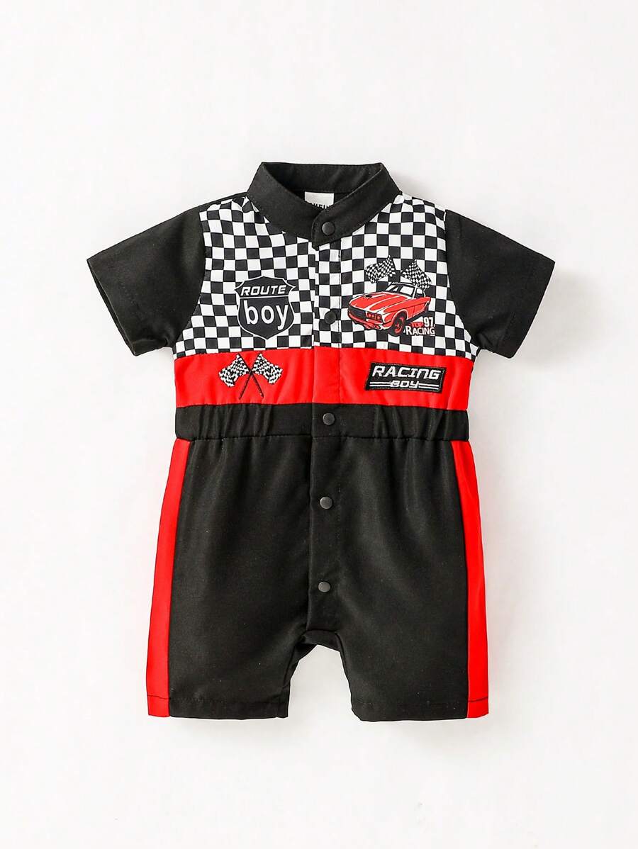 SHEIN 嬰兒男童迷你賽車手刺繡連身衣，立領設計，前拉鍊式，街頭風格，酷炫可愛時尚，適用於春夏季節 - 彩色 - 查看 1
