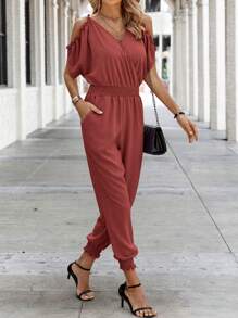 SHEIN Clasi Off-Shoulder V-Neck Jumpsuit For Summer - Red - View 4