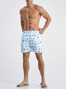 Manfinity Swimmode Men's Beach Shorts With Seagulls And Coconut Trees Print And Drawstring Waist - Blue - View 4