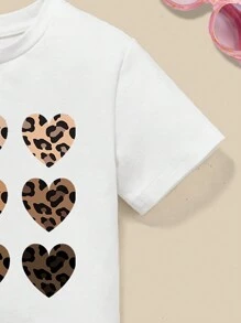 SHEIN Leap Crew 女婴休闲简约爱心图案短袖套装，适合春夏穿着，含95%棉 - 彩色 - 查看 4