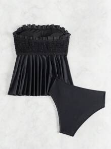 SHEIN Swim 女士純色斜肩上衣和泳裝下著套裝，適用於夏季、海灘、游泳池 - 黑色 - 查看 8