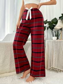 Pantalones De Salón Para Mujeres Con Decoración De Cuadros Y Lazo - Rojo - Ver 4