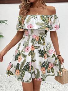 Breezaya 露肩弹力腰 A 字形迷你连衣裙，带荷叶边下摆，度假海滩装女款