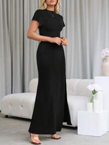 SHEIN Privé Của phụ nữ Màu thuần Vòng cổ Ngắn tay Top Cây trồng Và Tách Váy - màu đen - Xem 3